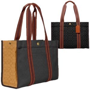 Coach Spin Tote 42 Bag Signature Jacquard Navy Blue Burgundy Brown Brass Canvas